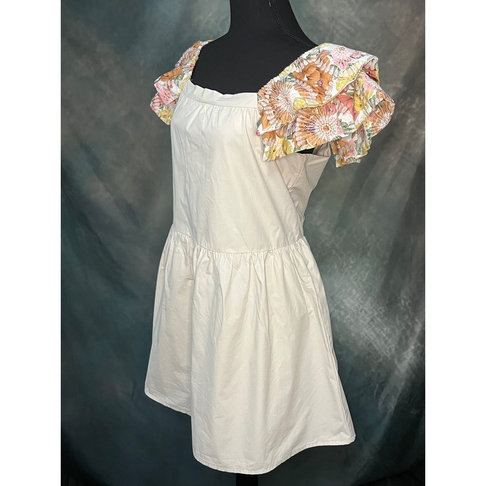 BiBi Floral Ruffle‎ Sleeve Mini Dress, Square Neck Sleeveless A-Line Tan Size Lg - Picture 3 of 10